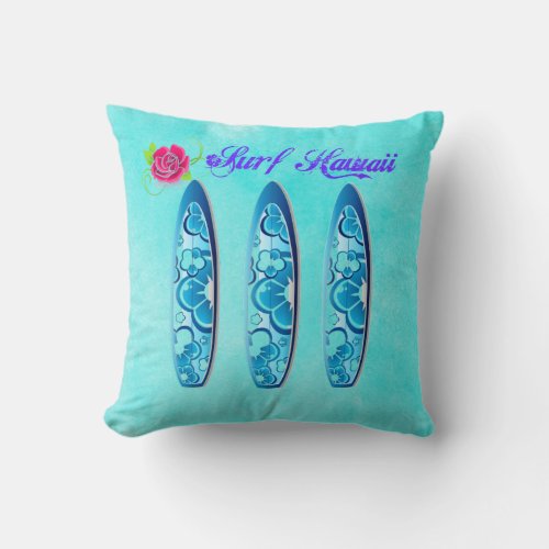 Surf Hawaii Surfboards on a Turquoise background Throw Pillow