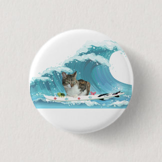 Surf Kitty Grey Tabby Rides the Wave Button