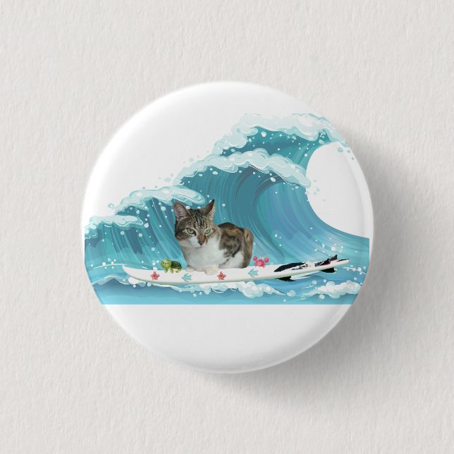 Surf Kitty Grey Tabby Rides the Wave  Button (Front)