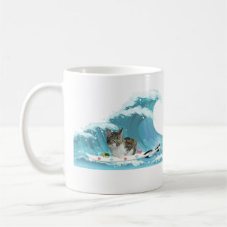 Surf Kitty Grey Tabby Rides the Wave Coffee Mug