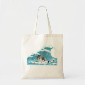 Surf Kitty Grey Tabby Rides the Wave Tote Bag