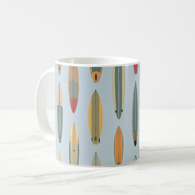 Surf Life | Retro Coastal Blue Surfboard Graphic Coffee Mug (Front Left)