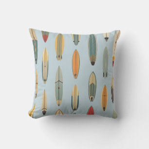 Surf Life Retro Coastal Blue Surfboard Graphic Throw Pillow