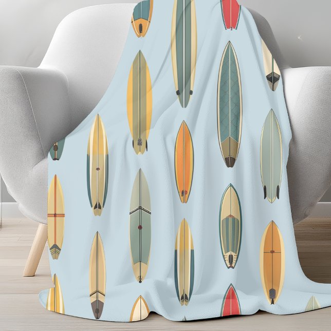 Surf Life - Retro Coastal Blue Surfboard Print Fleece Blanket (Creator Uploaded)