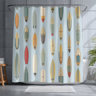 Surf Life | Retro Coastal Blue Surfboard Print Shower Curtain