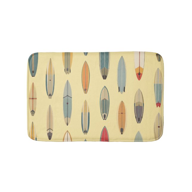 Surf Life | Retro Coastal Surfboard Print Yellow Bath Mat (Front)