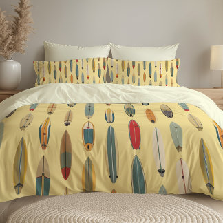 Surf Life | Retro Coastal Surfboard Print Yellow Duvet Cover