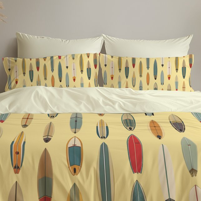 Surf Life | Retro Coastal Surfboard Print Yellow Pillow Case (Creator Uploaded)