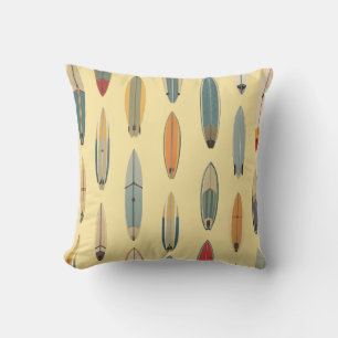 Surf Life   Retro Coastal Surfboard Print Yellow Throw Pillow