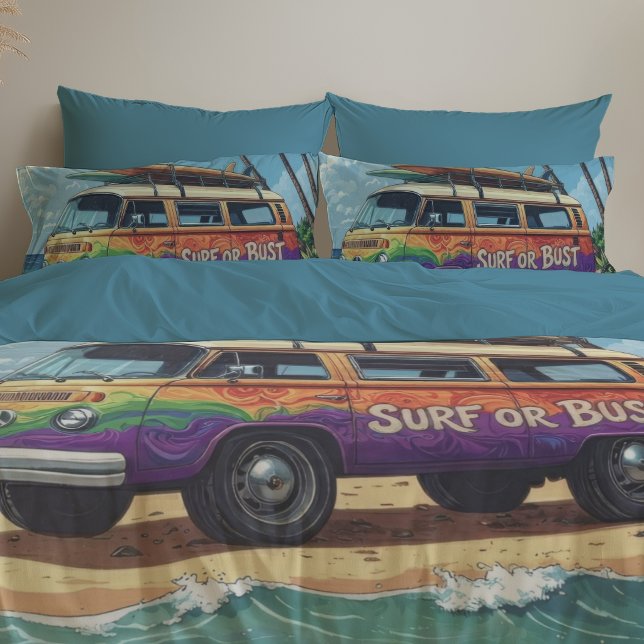 Surf Or Bust Groovy Retro Hippie Surfer Beach Bus Pillow Case (Creator Uploaded)