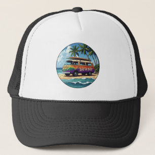 Surf Or Bust Groovy Retro Hippie Surfer Beach Bus Trucker Hat