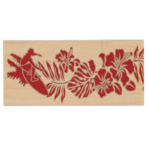 Surf Pareau Hawaiian Hibiscus Band Wood USB Flash Drive