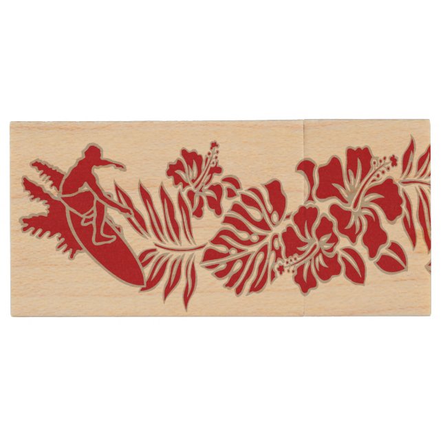 Surf Pareau Hawaiian Hibiscus Band Wood USB Flash Drive (Front)