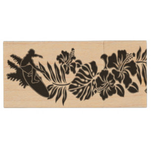 Surf Pareau Hawaiian Hibiscus Band Wood USB Flash Drive