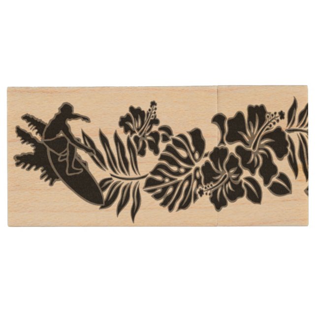 Surf Pareau Hawaiian Hibiscus Band Wood USB Flash Drive (Front)