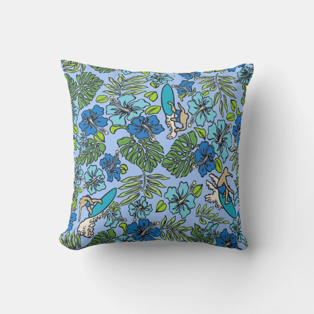 Surf Pareau Hawaiian Hibiscus Surfing - Turquoise Outdoor Pillow (Front)
