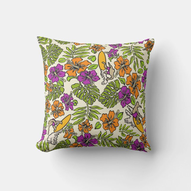 Surf Pareau Hawaiian Hibiscus Surfing - Violet Outdoor Pillow (Front)