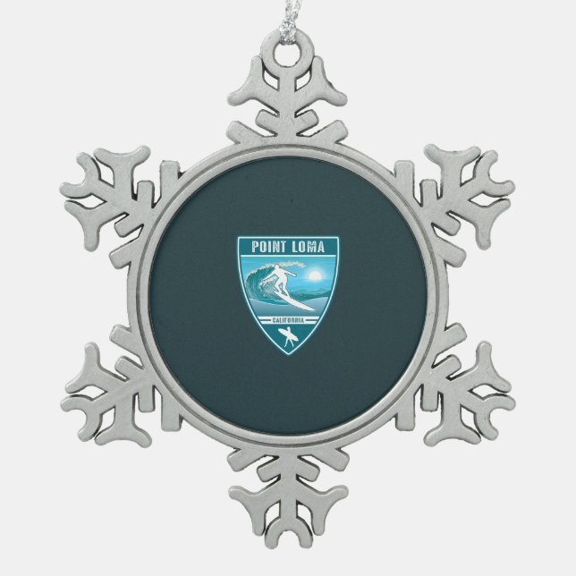 Surf Point Loma California Snowflake Pewter Christmas Ornament (Front)