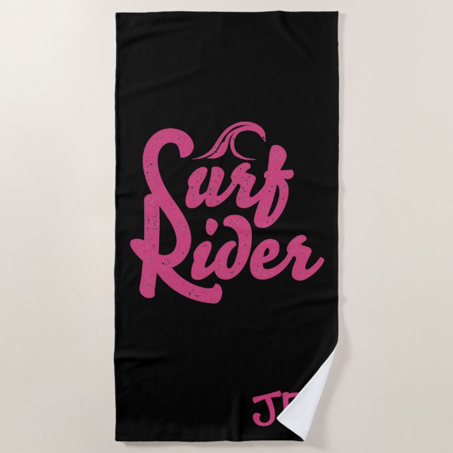 Surf Rider Quote Monogram Pink Black Trendy Beach Towel (Front)