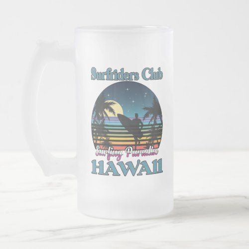 Surf riders Club Surfing Paradise Hawaii Frosted Glass Beer Mug