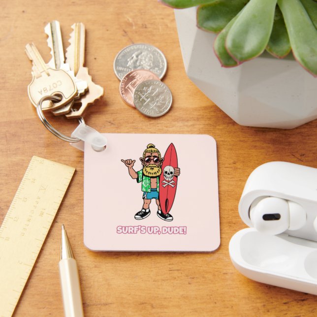 Surf’s Up Dude Bearded Cartoon Surfer Keychain (Desk)