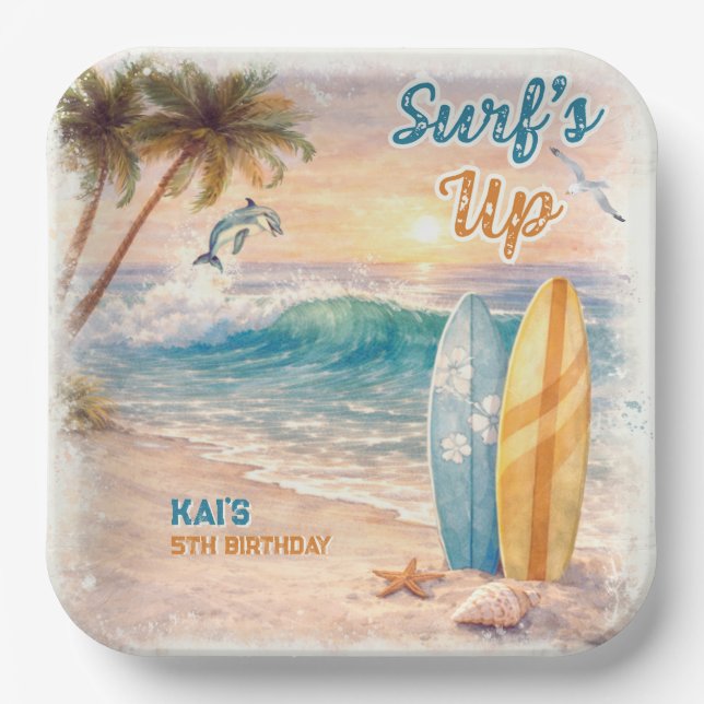 Surf’s Up Retro Beach Birthday Party  Paper Plates (Front)