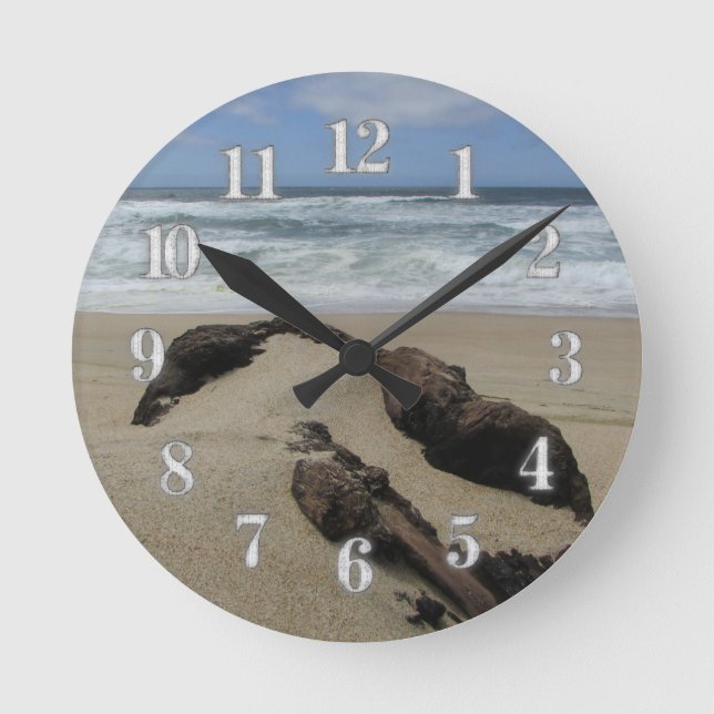 Surf Sand and Driftwood West Coast Landscape Beach Round Clock (Front)