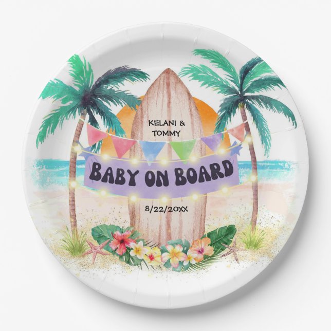 Surf & Sea | Baby On Board Beach Baby Shower Paper Plates (Front)