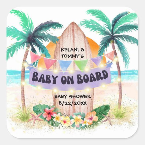 Surf  Sea  Baby On Board Beach Baby Shower Square Sticker