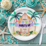 Surf & Sea | Surf's Up Tropical Beach Birthday Paper Plates<br><div class="desc">Beach and surf theme birthday party paper plates feature a watercolor tropical paradise with sun, sea, palm trees and a surfboard adorned with a "Surf's Up" banner, festive string lights, hibiscus and palm leaves. The colors are gender neutral, and the text can be personalized to suit any birthday - 2nd,...</div>