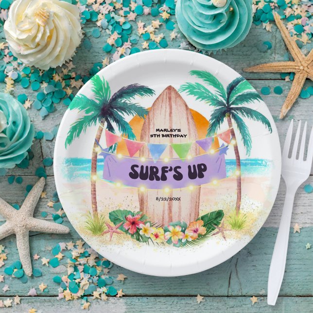 Surf & Sea | Surf's Up Tropical Beach Birthday Paper Plates (Creator Uploaded)