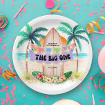 Surf & Sea | The Big One Beach Birthday Paper Plates<br><div class="desc">Beach and surf theme birthday party paper plates feature a watercolor tropical paradise with sun, sea, palm trees and a surfboard adorned with a "The Big One" banner, festive string lights, hibiscus and palm leaves. The colors are gender neutral, and the text can be personalized to suit any birthday -...</div>