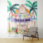 Surf & Sea | The Big One Beach Birthday Tapestry<br><div class="desc">Add some surf and sea ambiance to your birthday party with this beach theme tapestry! Featuring a tropical paradise with sun, ocean, palm trees and a surfboard adorned with a "The Big One" banner, string lights, hibiscus and palm leaves. The summery colors are gender neutral and the text can be...</div>