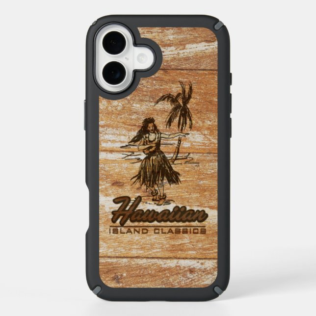 Surf Shack Hawaiian Hula Girl Faux Wood Speck iPhone Case (Front)