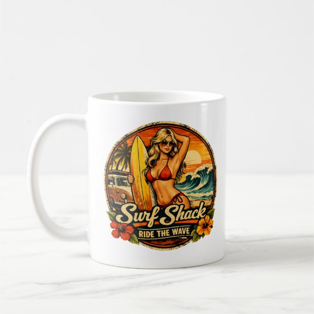 Surf Shack Surfer Pin-Up | Ride The Wave Beach Coffee Mug (Left)
