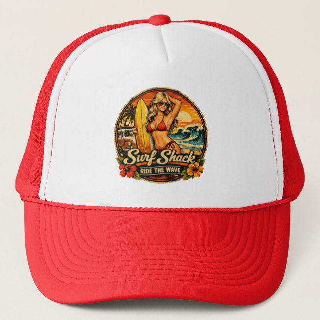 Surf Shack Surfer Pin-Up | Ride The Wave Beach Trucker Hat (Front)