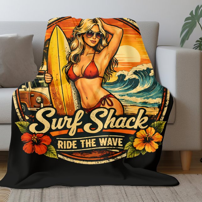 Surf Shack Surfer Pin-Up | Ride The Waves Beach Fleece Blanket (Creator Uploaded)