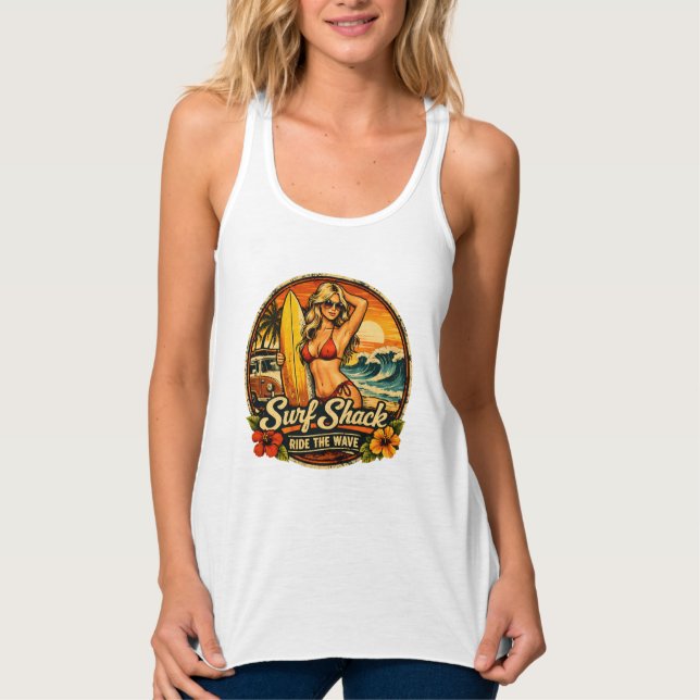 Surf Shack Surfer Pin-Up | Ride The Waves Beach Tank Top (Front)