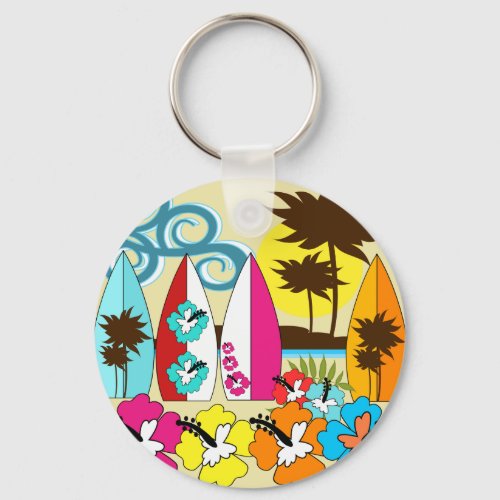 Surf Shop Surfing Ocean Beach Surfboards Palm Tree Keychain