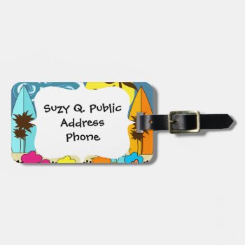 Surf Shop Surfing Ocean Beach Surfboards Palm Tree Luggage Tag by PrettyPatternsGifts at Zazzle