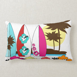 Surf Shop Surfing Ocean Beach Surfboards Palm Tree Lumbar Pillow