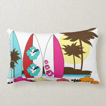 Surf Shop Surfing Ocean Beach Surfboards Palm Tree Lumbar Pillow by PrettyPatternsGifts at Zazzle