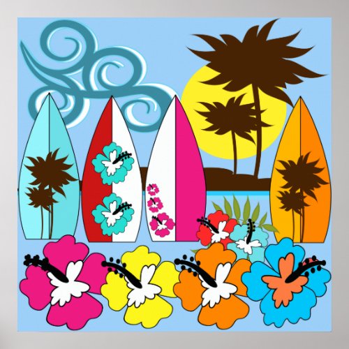 Surf Shop Surfing Ocean Beach Surfboards Palm Tree Poster