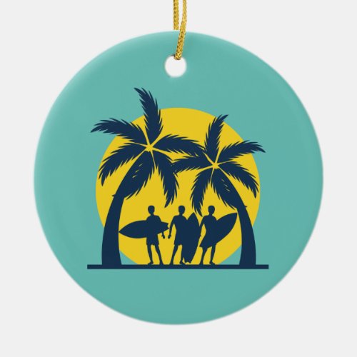 Surf sun and palm trees cool surf ceramic ornament