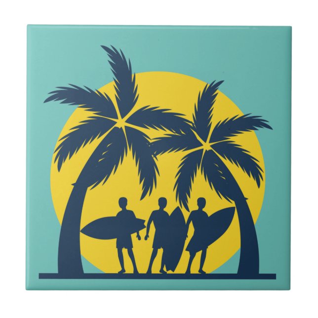 Surf sun and palm trees cool surf ceramic tile (Front)