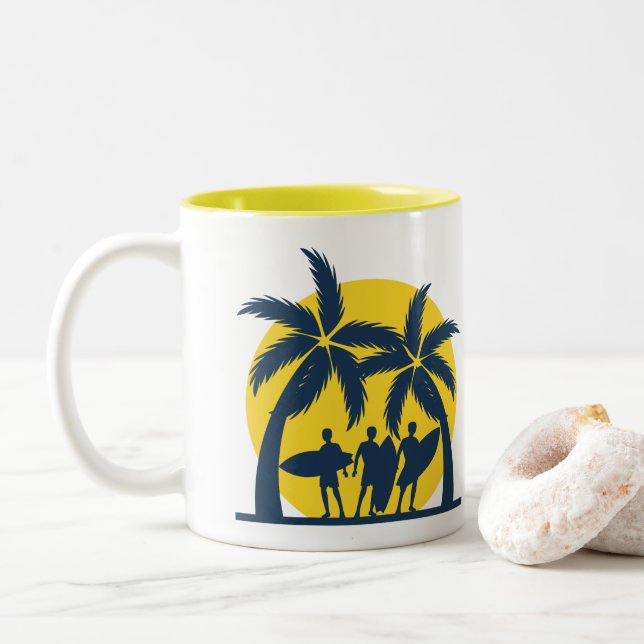 Surf sun and palm trees cool surf Two-Tone coffee mug (With Donut)