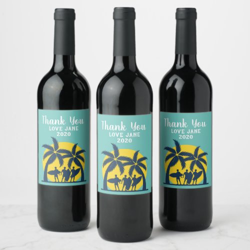 Surf sun and palm trees cool surf wine label