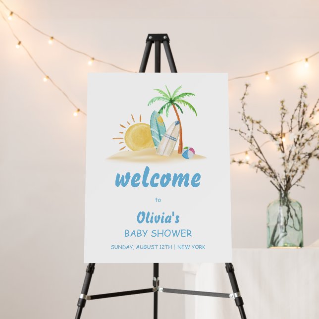 Surf Sun Beach Palm Tree Baby Shower Welcome Sign  (In Situ (Stand))