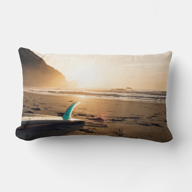 Surf Themed, Surfboard Lays On The Sandy Beach As Lumbar Pillow (Front)