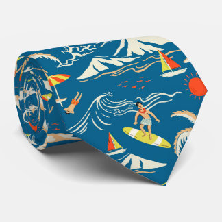 Surf tropical island themed pattern neck tie